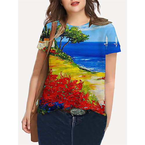 

Women's Plus Size Print Graphic Color Block Leaf T shirt Large Size Crewneck Short Sleeve Basic Tops XL XXL 3XL Blue Red Green Big Size