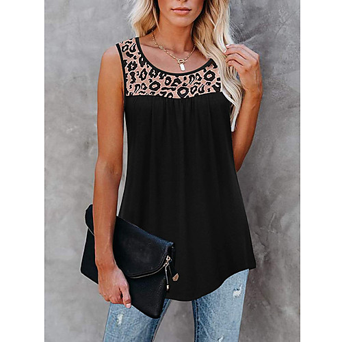

Women's T shirt Leopard Plain Patchwork Print U Neck Tops Cotton Basic Basic Top Black Blue Purple