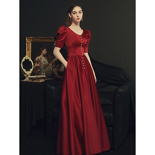 

A-Line Minimalist Elegant Wedding Guest Prom Dress Scoop Neck Half Sleeve Floor Length Italy Satin with Buttons Pleats 2021