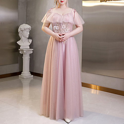 

A-Line Plus Size Floral Engagement Prom Dress Off Shoulder Short Sleeve Floor Length Tulle with Appliques 2021