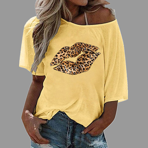

Women's Christmas T shirt Graphic Leopard Mouth Print Round Neck Diagonal Neck Tops Beach Hawaiian Basic Top White Blue Yellow