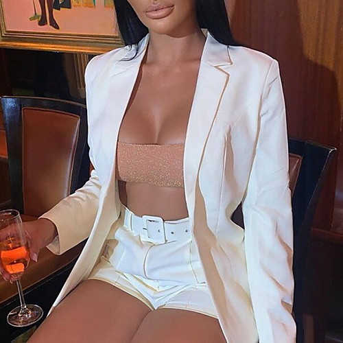 

Women's Blazer Solid Colored Regular Fit Polyester Coat Notch lapel collar Tops White / Black / Yellow