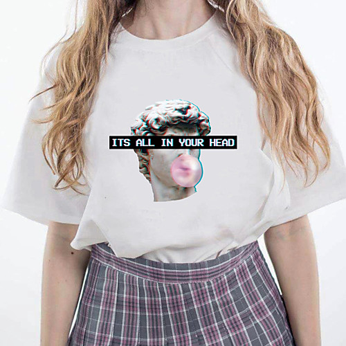 

Women's T shirt Letter Print Round Neck Tops Cotton Basic Basic Top White Black Purple