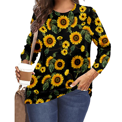 

Women's Plus Size Print Graphic Floral Sunflower T shirt Large Size Crewneck Long Sleeve Tops XL XXL 3XL Black Yellow Big Size