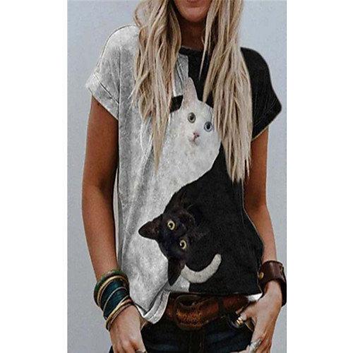 

Women's T shirt Cat 3D Animal Print Round Neck Tops Basic Basic Top Black