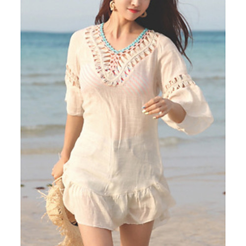 

Women's Swimsuit Cover Up Beach Top Swimsuit Embroidery Hole Solid Color Almond Swimwear T shirt Dress Tunic Plunge Bathing Suits New Fashion Sexy