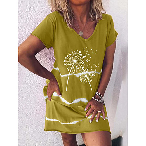 

Women's T Shirt Dress Tee Dress Short Mini Dress Purple Red Yellow Green Gray Short Sleeve Floral Print Print Summer V Neck Casual 2021 S M L XL XXL 3XL