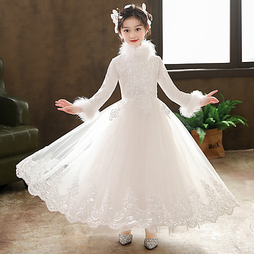 

Princess Ankle Length Wedding / Event / Party Hanfu - Lace 3/4 Length Sleeve High Neck with Feathers / Fur / Embroidery / Paillette