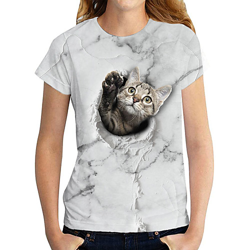 

Women's T shirt Cat Graphic 3D Print Round Neck Tops Basic Basic Top White