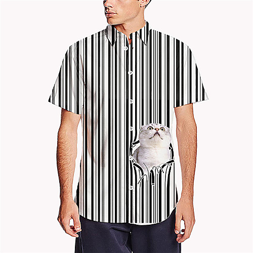 

Men's Shirt 3D Print Striped Cat Animal Button-Down 3D Print Short Sleeve Daily Tops Casual Fashion Breathable Gray