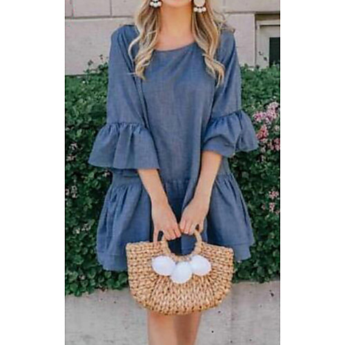 

Women's Denim Dress Short Mini Dress Blue 3/4 Length Sleeve Solid Color Ruffle Summer Round Neck Casual 2021 S M L XL