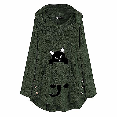 

fastbot women's cute hoodies cat printed sweater pullover long sleeve cashmere sweater fuzzy fluffy tops army green