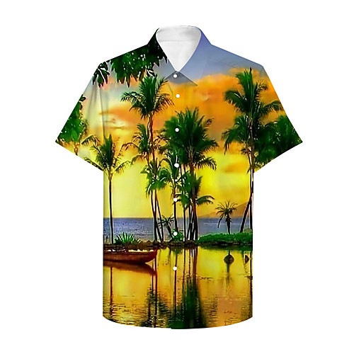 

Men's Shirt 3D Print Graphic Prints Landscape Button-Down Print Short Sleeve Daily Tops Casual Hawaiian Yellow