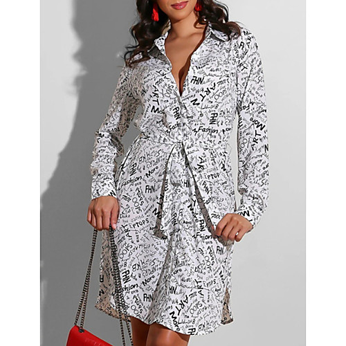 

Women's Shirt Dress Knee Length Dress White Gray Long Sleeve Print Print Summer Shirt Collar Elegant 2021 S M L XL