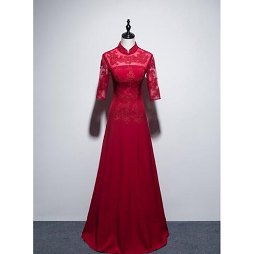 

A-Line Chinese Style Floral Engagement Formal Evening Dress Stand Collar Half Sleeve Floor Length Satin with Appliques 2021