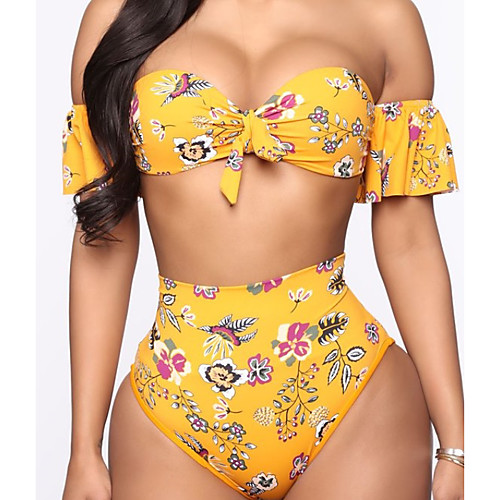 

Women's Plus Size Padded Fashion Sexy Print Bikini 2 Piece Swimsuit Backless Knotted Bow Floral Print Strapless Swimwear Bathing Suits Peacock orchid Yellow / New