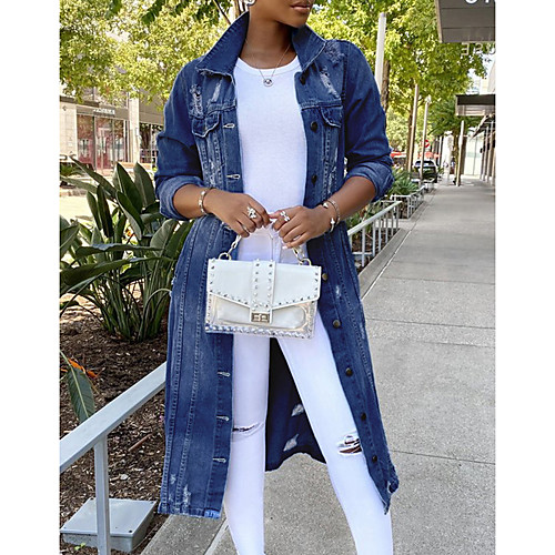

Women's Solid Colored Patchwork Basic Spring & Fall Denim Jacket Long Daily Long Sleeve Cotton Coat Tops New dark
