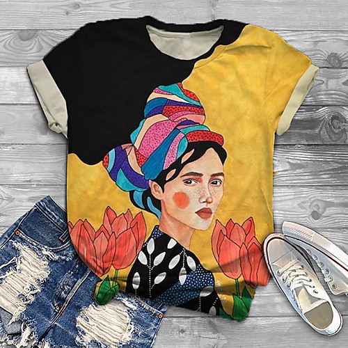 

Women's Plus Size Print Graphic Floral Portrait T shirt Large Size Crewneck Short Sleeve Basic Tops XL XXL 3XL Yellow Big Size