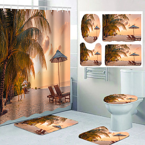 

Sunshine Seaside Coconut Tree Chair Bathroom Shower Curtain Leisure Toilet Four-piece Set