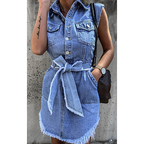 

Women's Denim Dress Short Mini Dress Light Blue Sleeveless Solid Color Pocket Patchwork Summer Shirt Collar Casual Cotton 2021 S M L