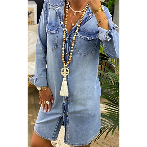 

Women's Denim Dress Short Mini Dress Blue Long Sleeve Solid Color Pocket Patchwork Summer Shirt Collar Casual 2021 S M L XL XXL 3XL