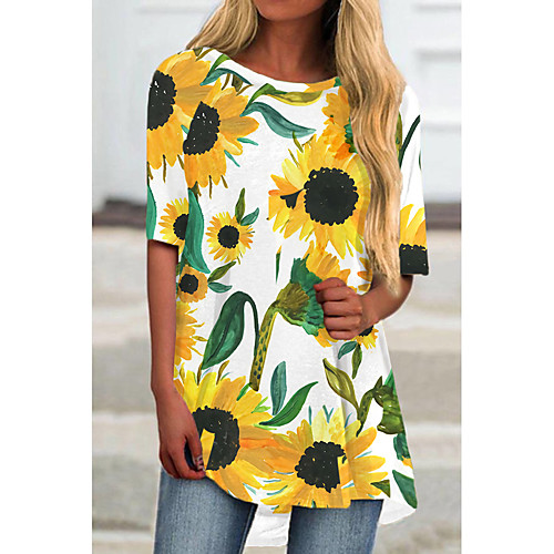 

Women's T Shirt Dress Tee Dress Short Mini Dress Black Yellow Half Sleeve Floral Color Block Print Spring Summer Round Neck Casual 2021 S M L XL XXL 3XL