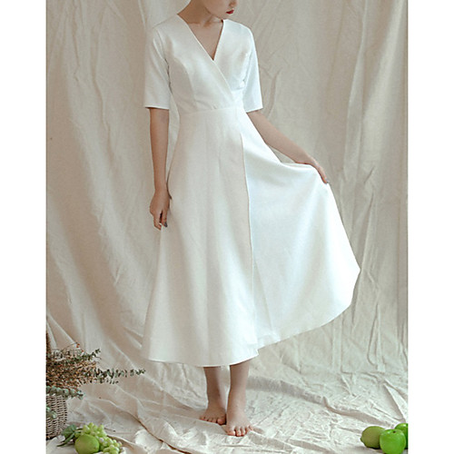 

A-Line Wedding Dresses V Neck Ankle Length Satin Short Sleeve Simple Vintage Little White Dress with Split Front 2021
