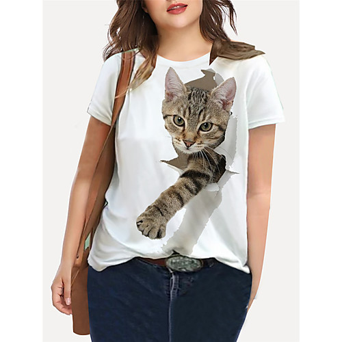 

Women's Plus Size Print Cat Graphic Animal T shirt Large Size Crewneck Short Sleeve Basic Tops XL XXL 3XL White Big Size