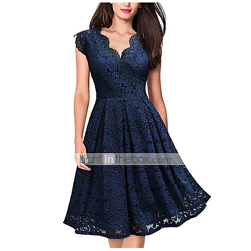 

Women's Swing Dress Knee Length Dress Black Blue Purple Wine Green Sleeveless Solid Color Zipper Lace Patchwork Spring Summer V Neck Hot Sexy 2021 S M L XL XXL 3XL