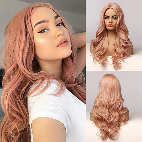 

Synthetic Wig Deep Wave Asymmetrical Middle Part Wig 24 inch Rose Gold Synthetic Hair Women's Fashionable Design Party Fashion Blonde Rose Pink