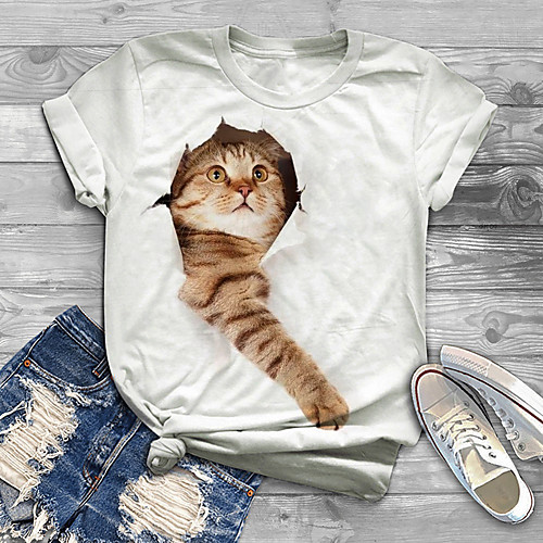 

Women's Plus Size Print Cat Graphic Animal T shirt Large Size Crewneck Short Sleeve Basic Tops XL XXL 3XL White Big Size