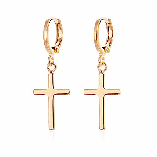 

Mens Cross Earrings 24k Yellow Gold Plated Hoop with Snap Closure with gift box