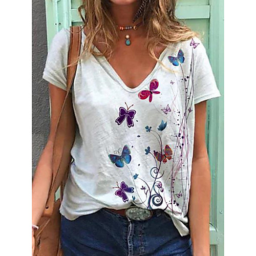 

Women's T shirt Butterfly V Neck Tops Basic Basic Top White Blue Purple