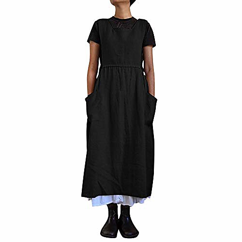 

women vintage cotton linen dress square neck solid loose long overalls dress black