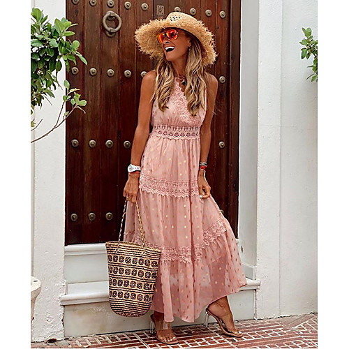 

Women's Swing Dress Maxi long Dress White Blue Yellow Blushing Pink Beige Sleeveless Solid Color Lace Patchwork Spring Summer V Neck Elegant Sexy 2021 S M L XL XXL