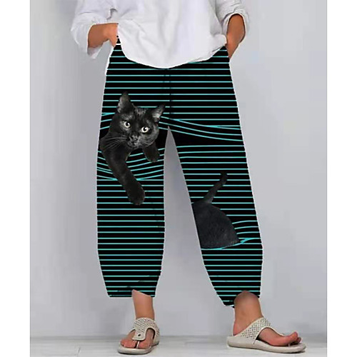 

Women's Plus Size Pocket Print Cat Graphic Ankle-Length Sweatpants White