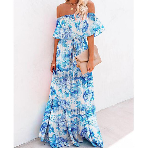 

Women's Chiffon Dress Maxi long Dress Black Blue Short Sleeve Polka Dot Color Gradient Color Block Backless Print Spring Summer Off Shoulder cold shoulder Elegant Sexy Butterfly Sleeve 3D Print S M L