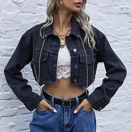 

Women's Solid Colored Fall & Winter Denim Jacket Short Daily Long Sleeve Denim Coat Tops Black