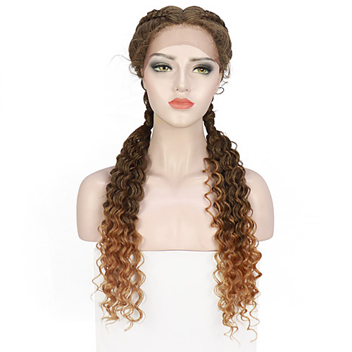 

Lace Front Wigs Twin Curl Tails Braid Curly Ends Braids Middle Part Japan-made Synthetic Wig with Baby Hair Blonde Braid Wigs 28 Inch