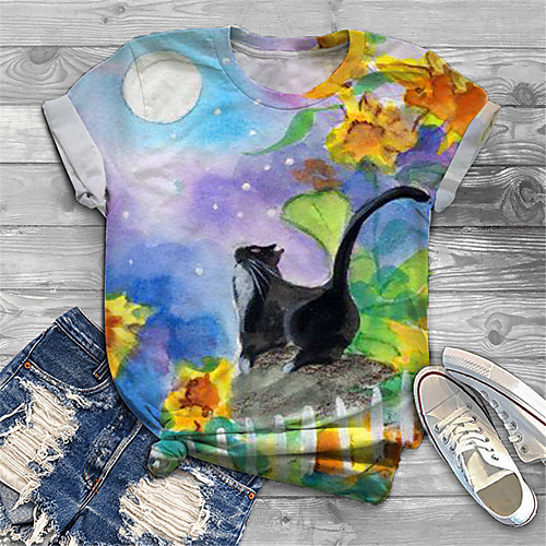 

Women's Plus Size Print Cat Graphic Animal T shirt Large Size Crewneck Short Sleeve Basic Tops XL XXL 3XL Blue Big Size
