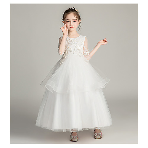 

Princess / Ball Gown Jewel Neck Ankle Length Tulle Junior Bridesmaid Dress with Sash / Ribbon / Bow(s) / Pearls