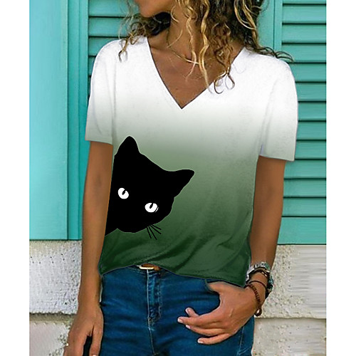 

Women's T shirt Color Gradient Cat 3D Print V Neck Tops Basic Basic Top Purple Orange Green