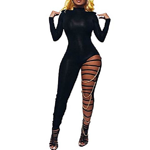 

women fashion hollow-out chains skinny black one-piece jumpsuit l black