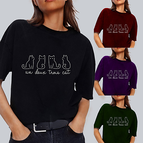 

Women's Tee / T-shirt Pure Color Crew Neck Cat Letter Printed Sport Athleisure T Shirt Top Short Sleeves Breathable Soft Comfortable Everyday Use Street Casual Daily Outdoor