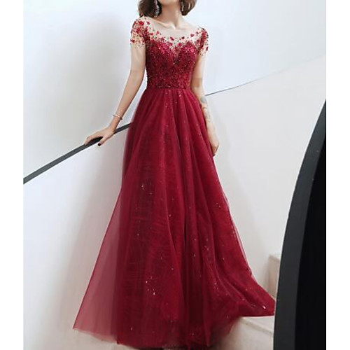 

A-Line Luxurious Floral Engagement Prom Dress Illusion Neck Half Sleeve Floor Length Tulle with Sequin Appliques 2021
