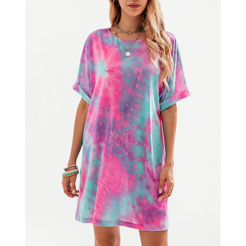 

Women's Shift Dress Short Mini Dress Fuchsia Half Sleeve Tie Dye Print Summer Round Neck Casual 2021 S M L XL XXL 3XL