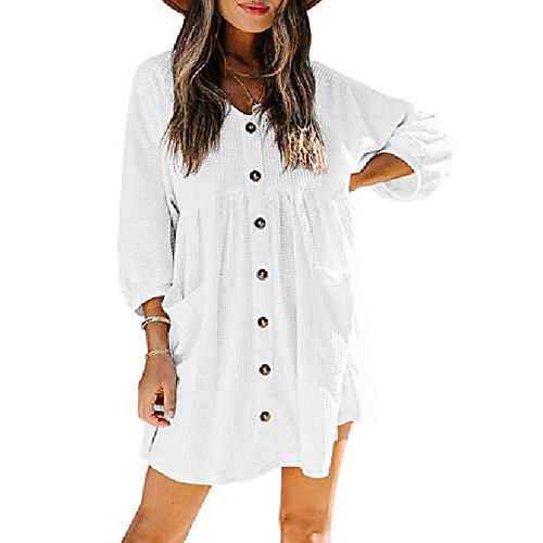 

women's casual long sleeve fall swing tunic mini dress plus size loose v neck button down waffle knit ribbed sweater dress white large