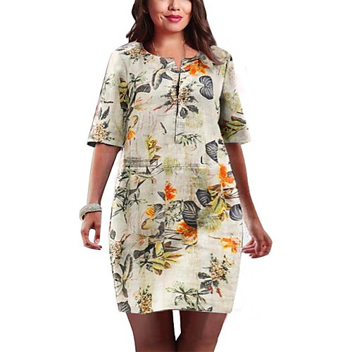 

Women's Shift Dress Knee Length Dress Half Sleeve Floral Print Fall Summer Plus Size Hot Vintage 2021 Fuchsia Orange S M L XL XXL 3XL 4XL