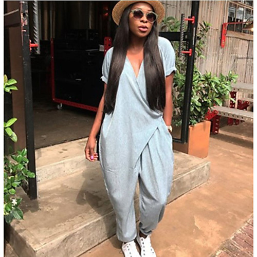 

2019 aliexpress ebay ladies casual short-sleeved deep v side wide loose jumpsuit s-6xl spot explosion
