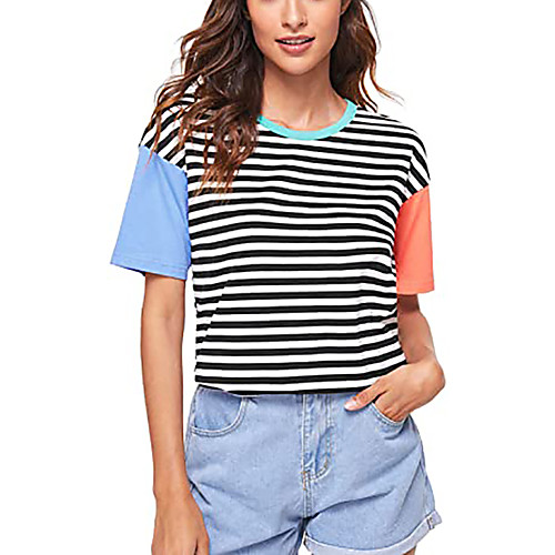 

Women's T shirt Striped Color Block Round Neck Tops Basic Basic Top Blue Red Yellow